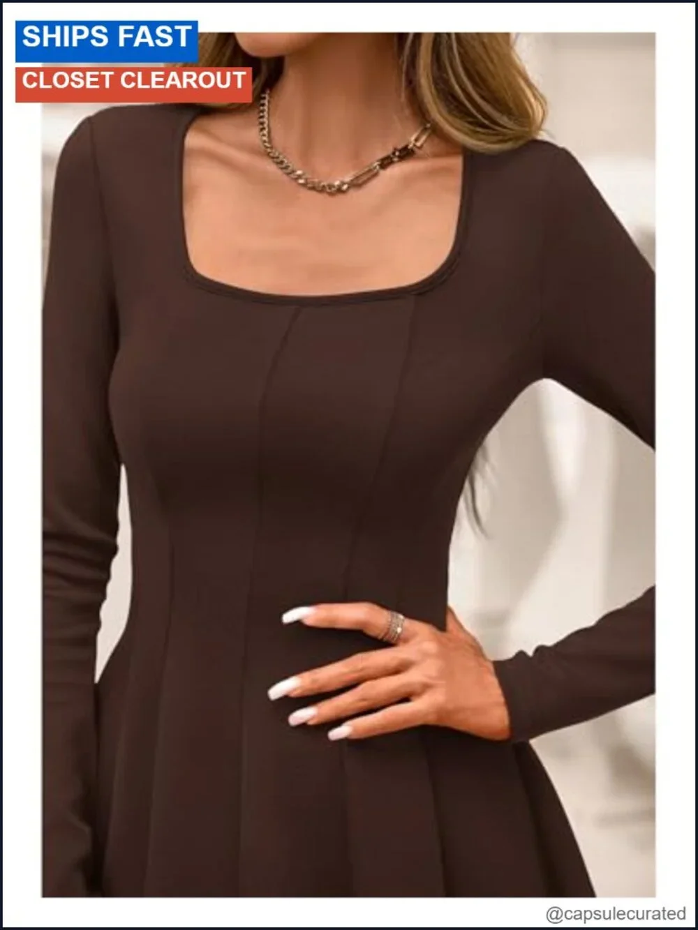 Knit A-Line Mini Dress Square Neck Long Sleeve Casual Spring Fall